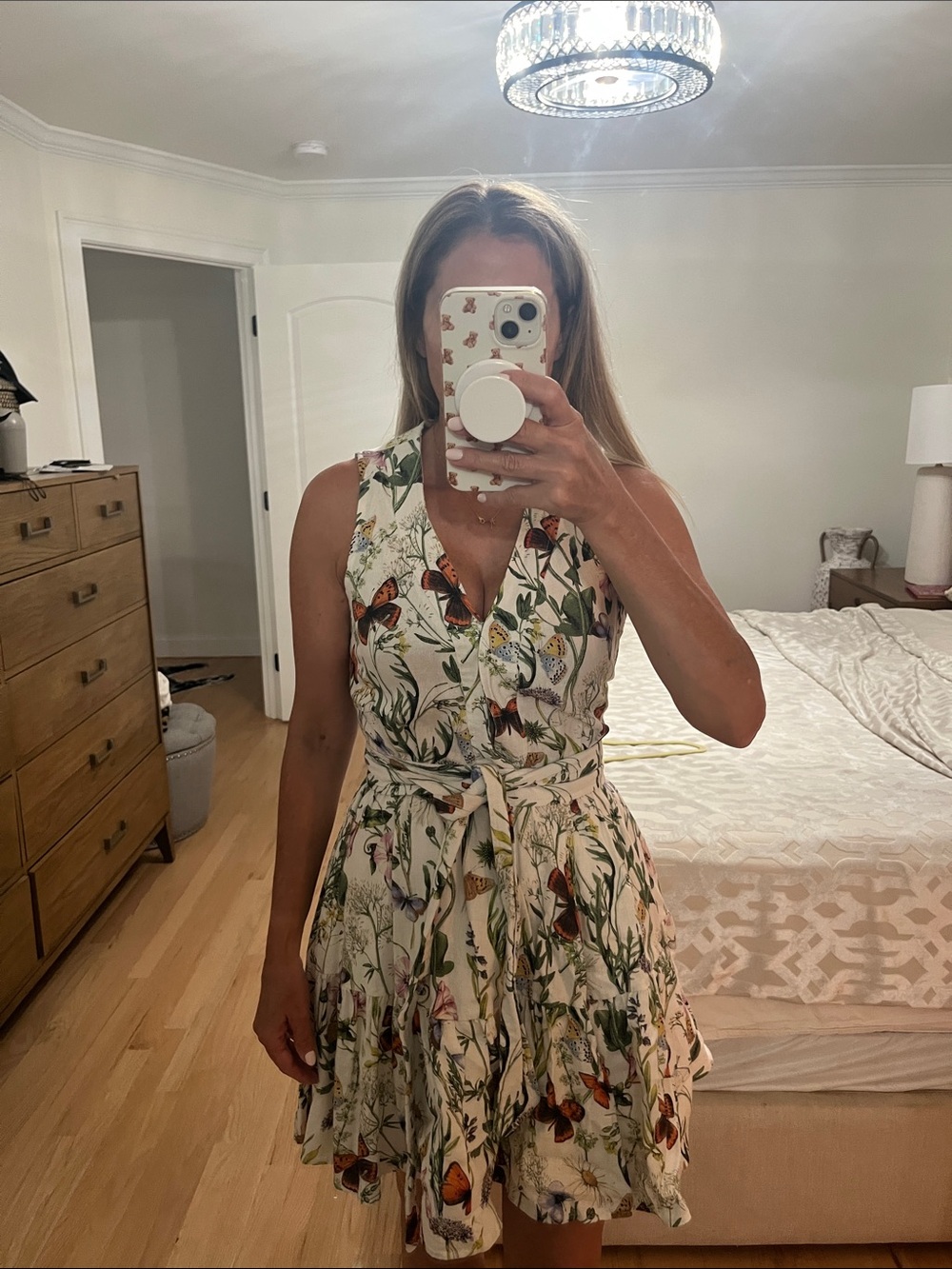 Christian Lacroix White Floral & Butterfly Tie-Waist Mini Dress